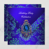 Invitation Royal Blue Turquoise Damask Floral fête d'annivers (Devant / Derrière)