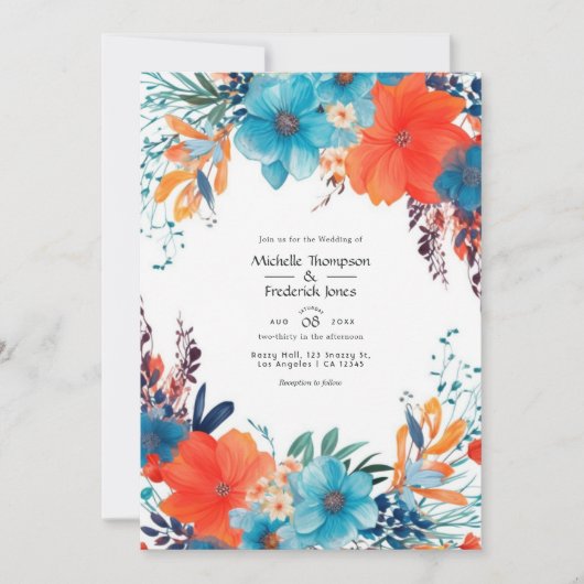 Invitation Royal Blue, Turquoise et Coral Floral Mariage (Devant)