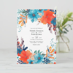 Invitation Royal Blue, Turquoise et Coral Floral Mariage