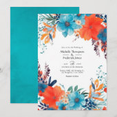 Invitation Royal Blue, Turquoise et Coral Floral Mariage (Devant / Derrière)