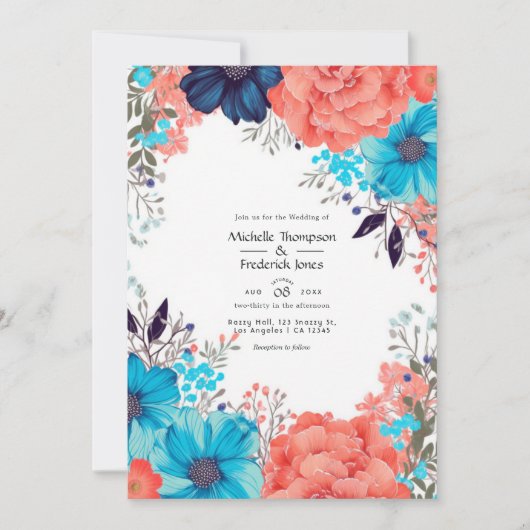 Invitation Royal Blue, Turquoise et Coral Floral Mariage (Devant)