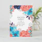 Invitation Royal Blue, Turquoise et Coral Floral Mariage (Debout devant)