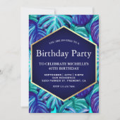 Invitation Royal Blue Turquoise Gold Foil Feuilles tropicaux  (Devant)