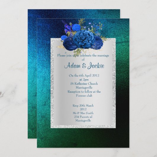 Invitation ROYAL BLUE vert bouquet floral ÉLÉGANT MARIAGE (Devant / Derrière)