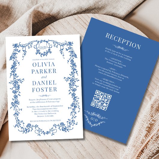Invitation Royal Blue Victorian All in One QR Code Wedding