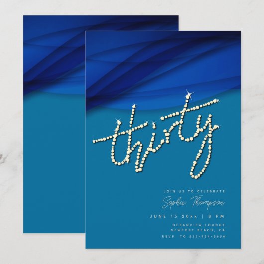 Invitation Royal Blue Voile Rhinestones Élégant 30e anniversa (Devant / Derrière)