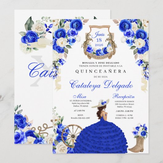 Invitation Royal Blue Western Fiesta Charro Quinceañera (Devant / Derrière)