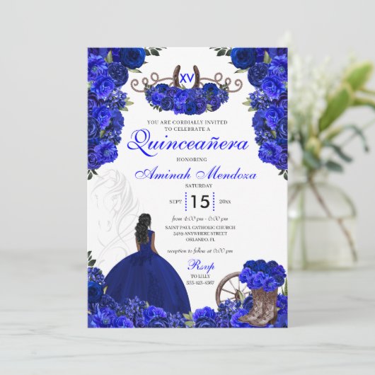 Invitation Royal Blue Western Princesse Charro Quinceanera (Debout devant)
