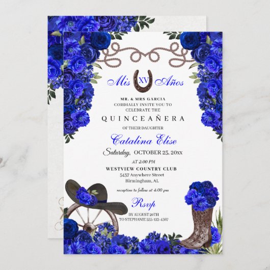 Invitation Royal Blue Western Ranchero Quinceanera (Devant / Derrière)