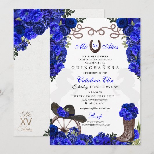 Invitation Royal Blue Western Ranchero Quinceanera (Devant / Derrière)