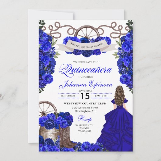 Invitation Royal Blue Western Ranchero Quinceanera (Devant)