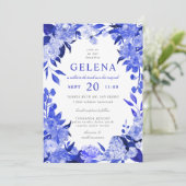 Invitation Royal Blue & White Aquarelle Bat mitzvah Floral (Debout devant)