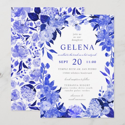 Invitation Royal Blue & White Aquarelle Bat mitzvah Floral (Devant / Derrière)