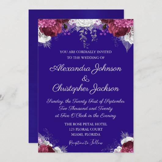 Invitation Royal Blue, White Cranberry Burgundy Mariage (Devant / Derrière)