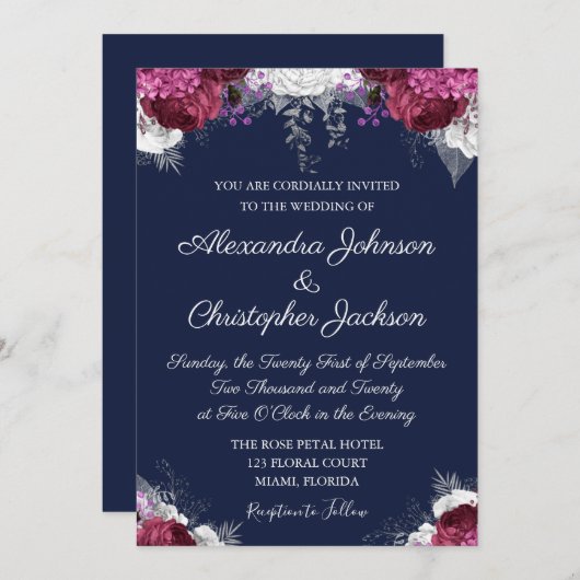 Invitation Royal Blue, White Cranberry Burgundy Mariage (Devant / Derrière)