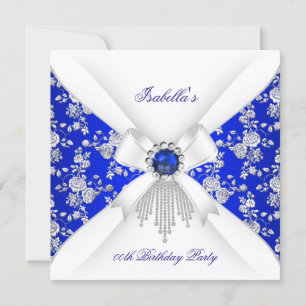 Invitation Royal Blue White Rose Damask Pearl Anniversaire