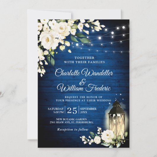Invitation Royal Blue Wood & White Roses Lantern Aquarelle (Devant)