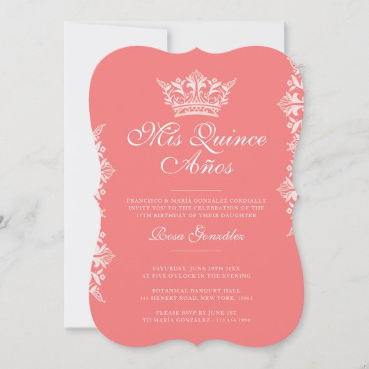 Invitation Royal Blush Leaf Crown Elegant rose Quinceañera (Devant)
