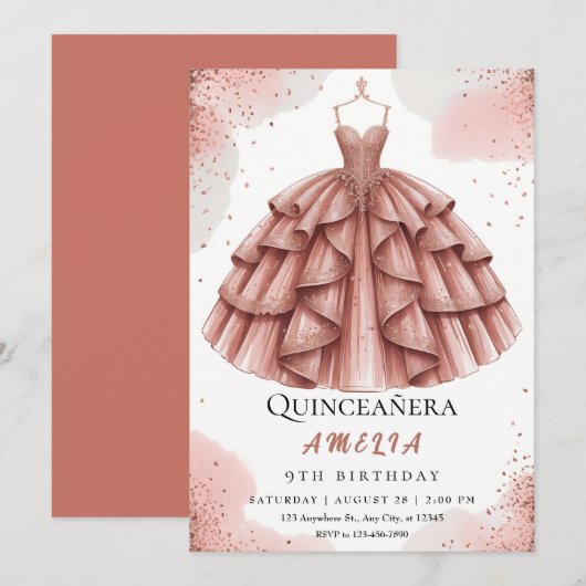 Invitation Royal Blush Pink & Rose Gold Quinceañera (Devant / Derrière)
