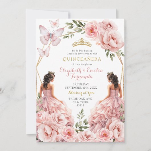 Invitation Royal Blush Pink Twins Géométrique Quinceañera (Devant)