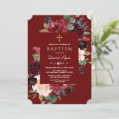 Invitation Royal Bourgogne Blush Flowers Gold Cross Baptême (Debout devant)