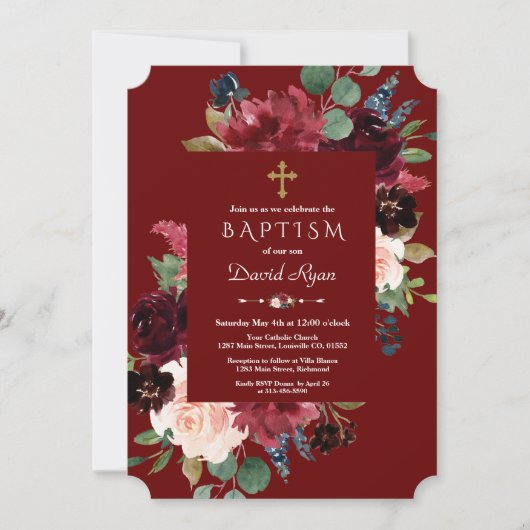 Invitation Royal Bourgogne Blush Flowers Gold Cross Baptême (Devant)