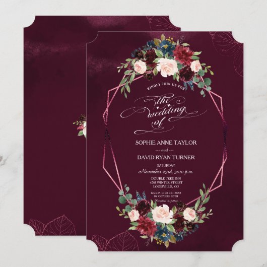 Invitation Royal Bourgogne Floral Mariage géométrique (Devant / Derrière)
