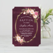 Invitation Royal Bourgogne rose Floral Frame Girl Baptême (Debout devant)