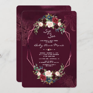 Invitation Royal Burgundy Blush Floral Sip & Voir Baby shower
