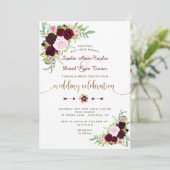 Invitation Royal Burgundy Marsala Floral Mariage or (Debout devant)