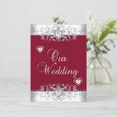 Invitation Royal Burgundy Red Mariage Silver Diamond Hearts (Debout devant)