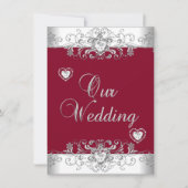 Invitation Royal Burgundy Red Mariage Silver Diamond Hearts (Devant)
