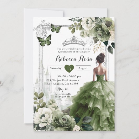 Invitation Royal Castle Princess Silver Sage Green 15 Años (Devant)