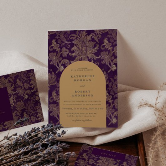 Invitation Royal Damask Gold Elegant Purple Mariage