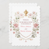 Invitation Royal Elegance Wedding Pink Florals Golden Crest (Devant / Derrière)