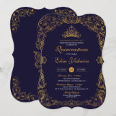 Invitation Royal Elegant Gold Navy Blue Fairytale Quinceanera (Devant / Derrière)