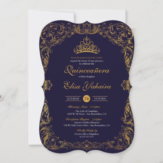 Invitation Royal Elegant Gold Navy Blue Fairytale Quinceanera (Devant)