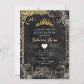 Invitation Royal Elegant or et Rose noir Quinceañera (Devant)