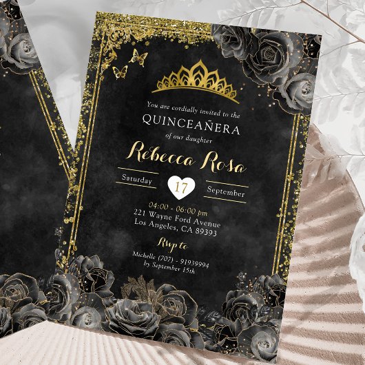 Invitation Royal Elegant or et Rose noir Quinceañera