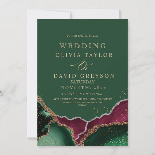 Invitation Royal Emerald Green Rose Agate Mariage (Devant)