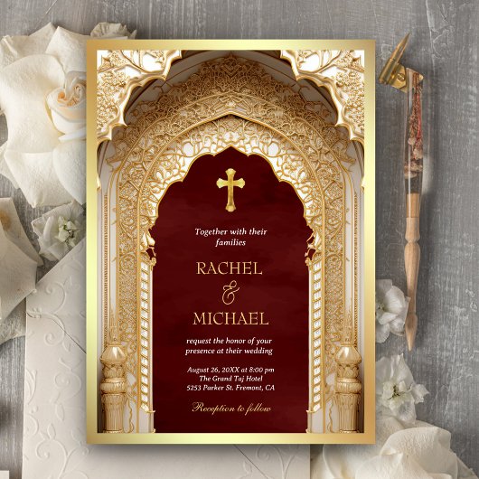 Invitation Royal Gold Arch Religieux Christian Maroon Mariage