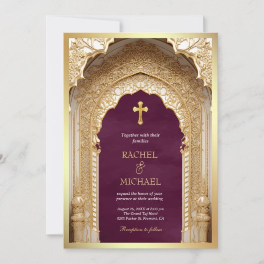 Invitation Royal Gold Arch Religieux Christian Plum Mariage (Devant)