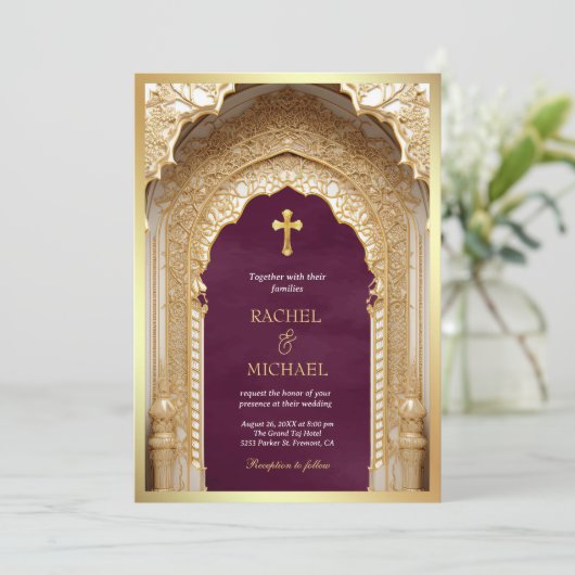 Invitation Royal Gold Arch Religieux Christian Plum Mariage (Debout devant)
