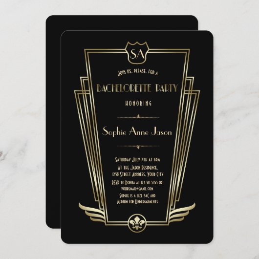 Invitation Royal Gold Art Déco Monogram Bachelorette Party (Devant / Derrière)