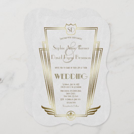 Invitation Royal Gold Art Déco Monogramme Mariage blanc Invit (Devant / Derrière)