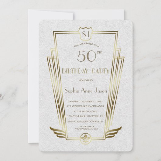 Invitation Royal Gold Art Déco Monogramme White Birday Party (Devant)