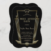 Invitation Royal Gold Black Art Déco Monogramme Sweet 16 Invi (Devant / Derrière)