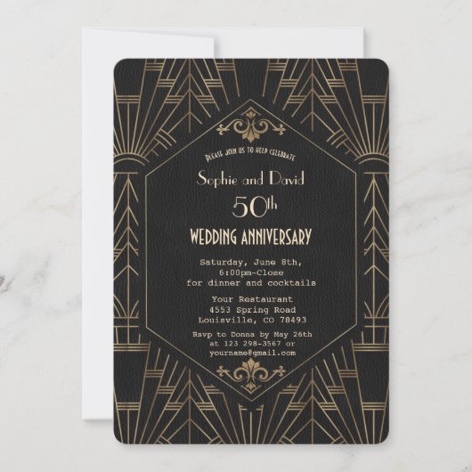 Invitation Royal Gold Black Grande Gatsby Anniversaire de Ma (Devant)