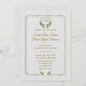 Invitation Royal Gold Crest Verdure luxuriante Monogramme Mar (Devant / Derrière)