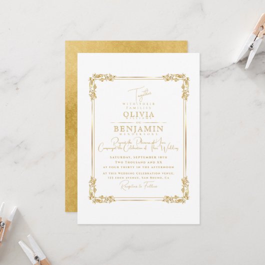Invitation Royal Gold Frame florales & Golden Dark Mariage en (Devant/Arrière en situation)